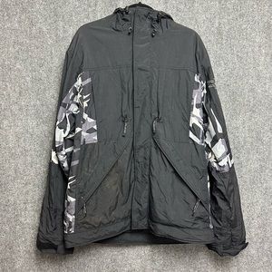 Alycium men’s snow jacket size LG black night camo ski parka unisex lined visor
